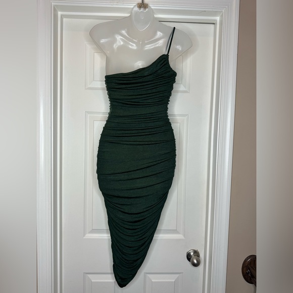 Hunter Green One Shoulder Ruched Midi Dress - Picture 8 of 9